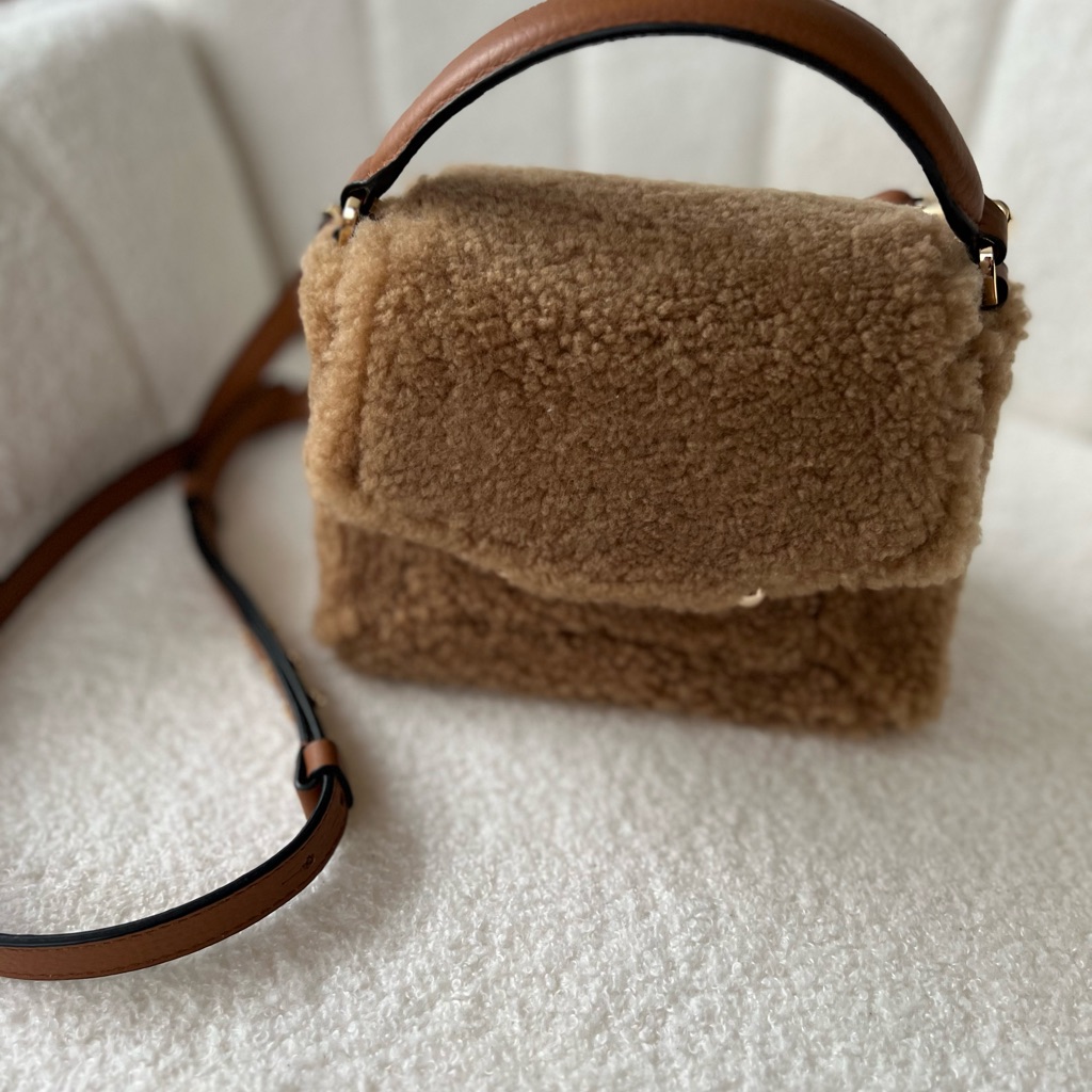 Strathberry Nano Mosaic Cozy Tan Shearling Crossbody Bag